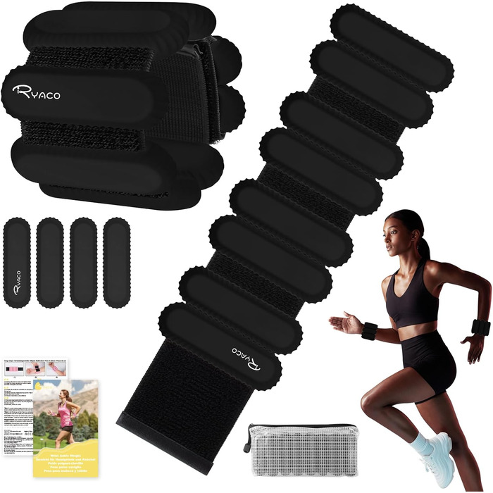 Набір обтяжників для зап'ястя та кісточок RYACO, 2 шт (2x0,5KG), регульовані манжети, для рук, ніг, ходьби, бігу, йоги, пілатесу, аеробіки (чорний)