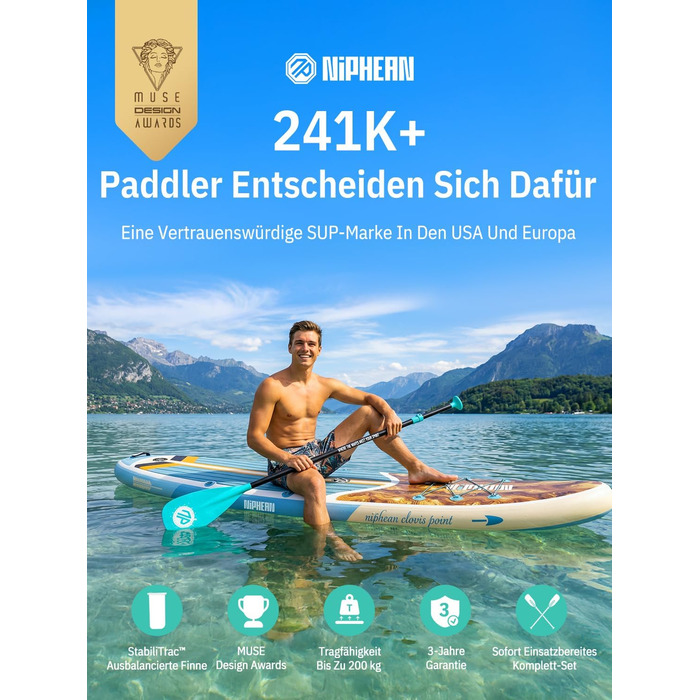 Надувне SUP-борд Niphean Stand Up Paddle Board з сидінням та аксесуарами, 320 см, для 2 осіб (200 кг), Greenwave Woodtune з StabilTrac-фіном