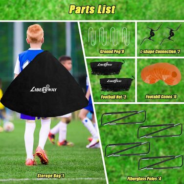 Набір футбольних воріт для дітей LIBERRWAY 120x90x90 см (2 шт.) з 6 фігурками та сумкою, чорний