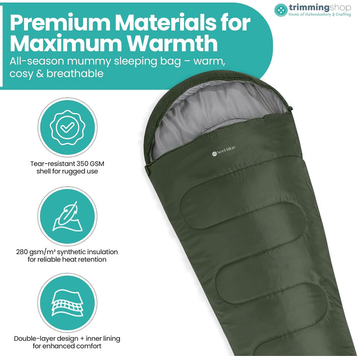 Спальний мішок Mumienschlafsack для дорослих - легкий, компактний, водонепроникний, з капюшоном, 220x85 см, теплий, придатний для прання, для кемпінгу, трекінгу, подорожей, зелений