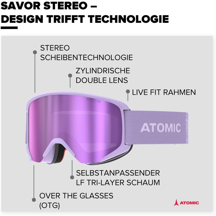 Гірськолижна маска ATOMIC SAVOR STEREO для окулярів, дзеркальна, антиблікова, лаванда