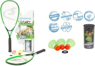 Набір для кросмінтону Speedminton Start, унісекс, 2 ракетки, 3 м'ячі, зелений/синій/чорний, бали червоні/зелені
