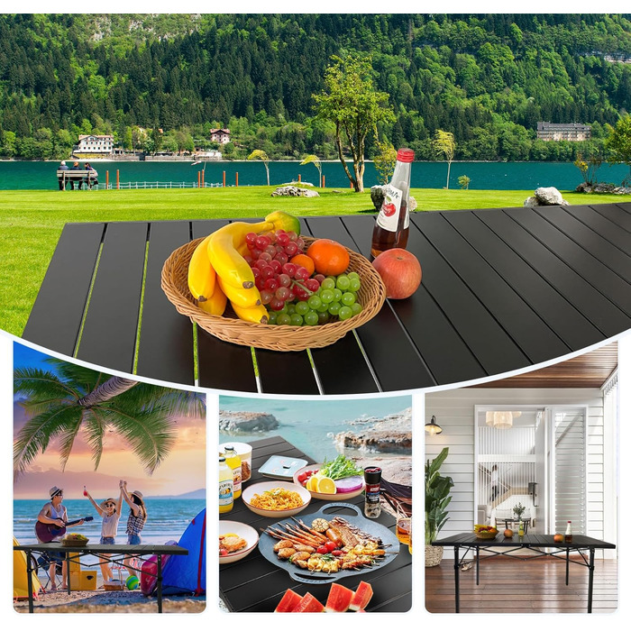 Стіл для кемпінгу Poeopore, розкладний, алюміній, великий, на 4-6 осіб, чорний, 140 x 70 x 70 см