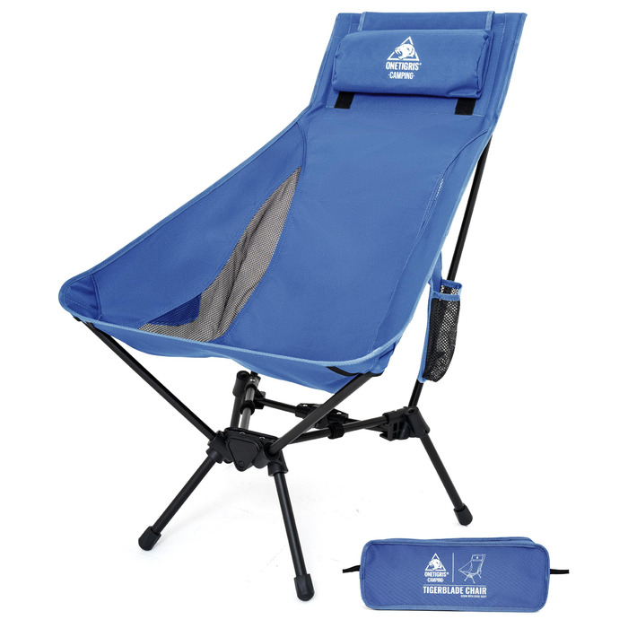 OneTigris TIGERBLADE - Крісло для кемпінгу з високою спинкою, 170 кг, складне, легке, з трикутним каркасом, для риболовлі, з 2 кишенями, для відпочинку на природі, для піших прогулянок (Блакитне)