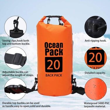 Водонепроникний мішок Dry Bag 20L, оранжевий - для каякінгу, рафтингу, кемпінгу