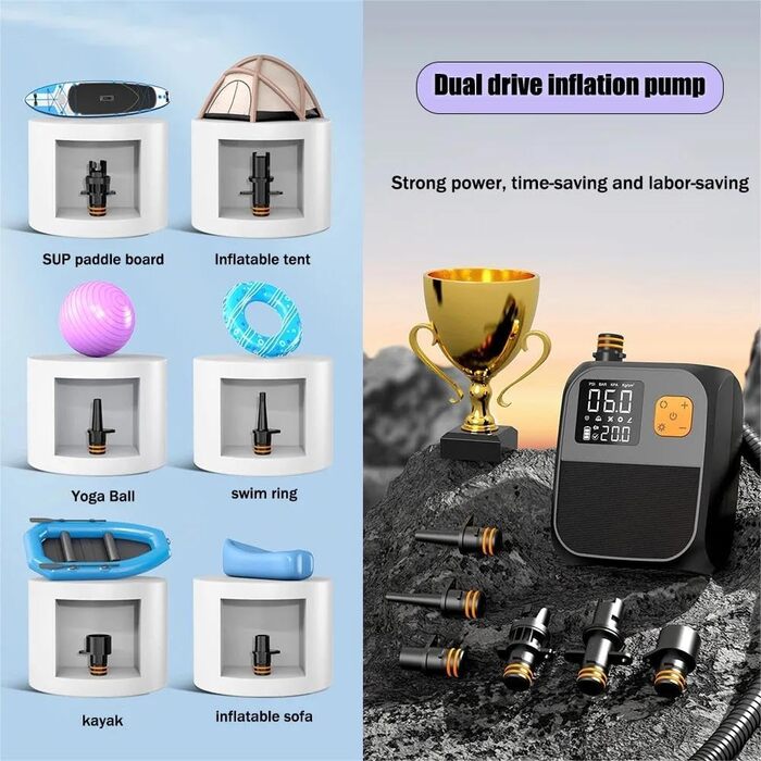 Електрична повітряна помпа для SUP-дошок, каяків та човнів, 8000 mAh, 25 PSI, 80 W, LED-дисплей, 120 л/хв