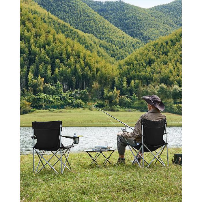 Крісла для кемпінгу SONGMICS, розкладні, 2 шт., чорні, з підлокітниками та тримачем для напоїв, міцний каркас, вантажопідйомність 120 кг