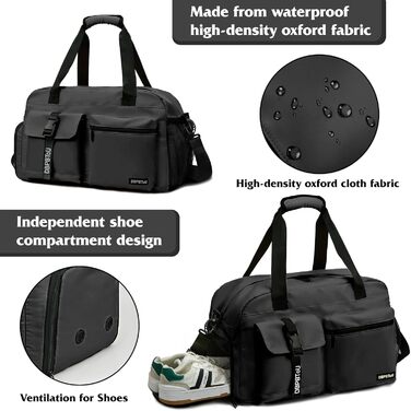 Спортивна сумка для жінок та чоловіків з відділенням для взуття та вологих речей, водонепроникна сумка для подорожей, тренувань, басейну та сауни (Чорна)