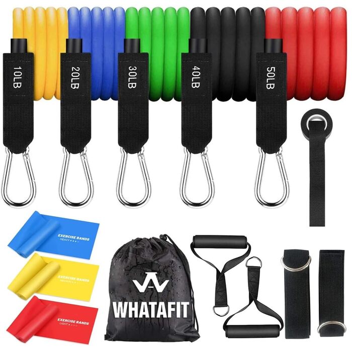 Набір гумових еспандерів WHATAFIT (11 шт.) з анкером для дверей, ручками, сумкою та ременями для ніг/кісточок - для фітнесу, реабілітації, домашніх тренувань