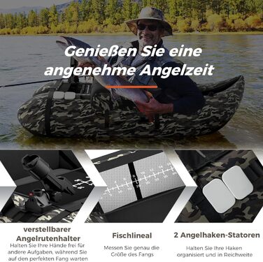 Надувне човен для риболовлі FANTASK з насосом, веслами та ременями, bellyboat, 150 кг, 135 x 109 x 54 см, камуфляж