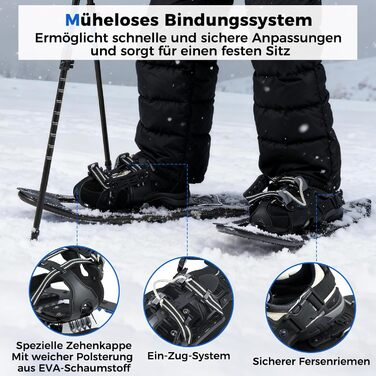 Снігоступи COSTWAY з підйомником, розмір 35-45, до 68/90 кг, комплект з трекінгових палиць та сумки, для чоловіків, жінок та підлітків (EUR 35-40, чорний)