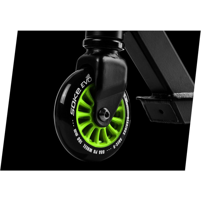 SOKE Evo: Скутер для екстремального катання в скейтпарку – підшипники ABEC-9 Carbon, сталевий Y-образний кермо з TPR-покриттям, алюмінієва дека (зелений)