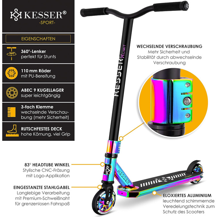 Трюковий самокат KESSER X-Limit-Pro з 360° кермом, підніжкою, підшипниками ABEC 9, 110 мм PU колесами для дітей і дорослих