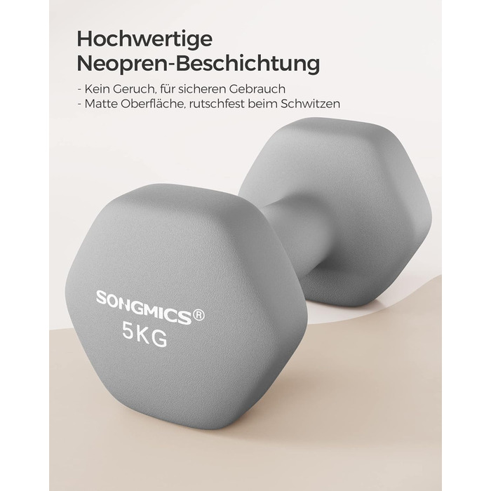 Гантелі SONGMICS 2 x 5 кг, неопрена, гексагональні, набір для фітнесу та силових тренувань вдома, сіро-блакитні