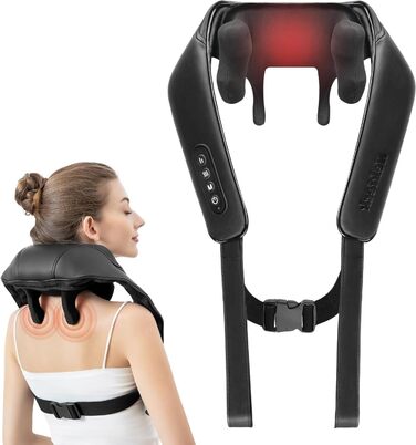 Масажер для шиї Nekteck бездротовий з підігрівом, 6D Shiatsu масажер для спини та плечей, для зняття м'язового болю вдома, в офісі та в авто, чорний