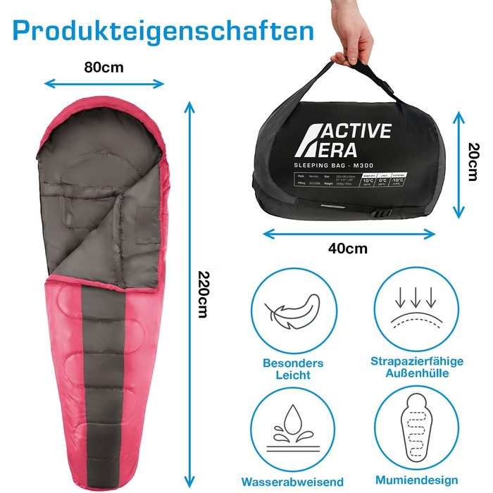 Сплячий мішок Active Era Mumienschlafsack для кемпінгу, зимовий та літній, водонепроникний, ветрозахисний, ультралегкий, температурний режим -10°C до 10°C, маленький об'єм при зберіганні, рожевий