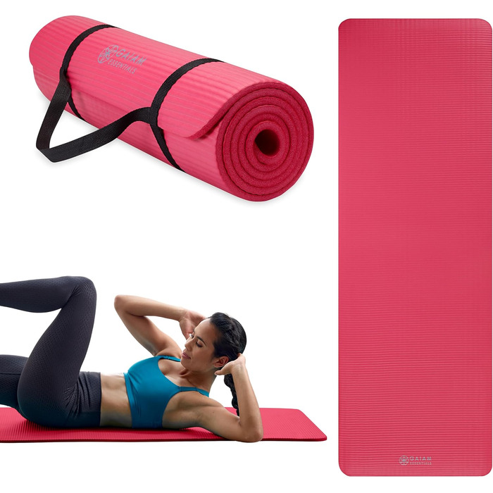 Yogamat Gaiam Essentials товстий (1 см) рожевий 183x61 см з ременем для зручного транспортування - килимок для йоги та фітнесу