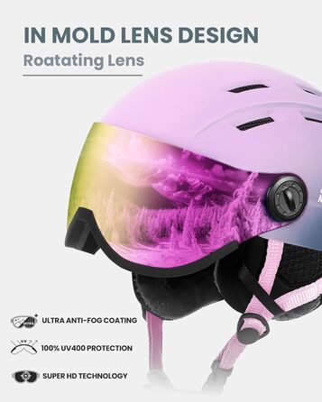 Шолом Outdooraster для сноуборду та лиж з маскою, захисний EPS, 14 вентиляційних отворів, для чоловіків, жінок та підлітків (рожево-фіолетовий градієнт, L)