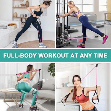 Pilates Bar WenYa з гумовими стрічками для фітнесу, 82 кг (рожевий) + кріплення для дверей та ремінці на щиколотки. Пілатес, йога, домашні тренування.