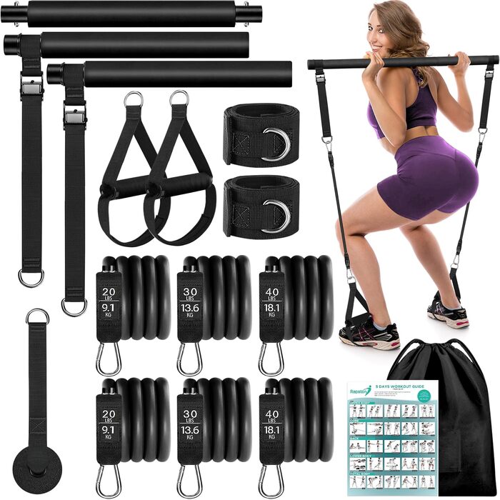 Pilates Bar WenYa з гумовими стрічками для фітнесу та йоги (81.6 кг, латекс, з анкерним ременем та кріпленням на двері) для жінок