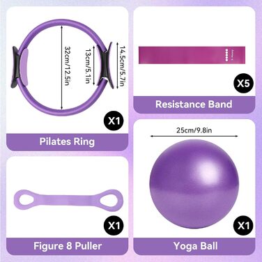 Pilates Ring Набір для пілатесу: коло з ручками 35 см, 5 еластичних стрічок, м'яч для пілатесу - для дому, тонусу тіла, гнучкості