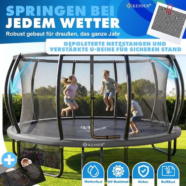 Батут KESSER® Outdoor Ø 244/305/366/427 см з сертифікатом GS, для дітей та дорослих (до 150 кг) з захисним сітком, сумкою, сходами, захисним бортиком та м'якими стійками сітки, антрацит