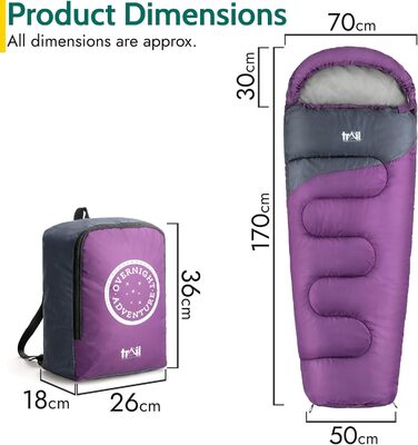 Дитячий спальний мішок Trail Mumienschlafsack 3 сезони для кемпінгу – 300gsm – для хлопчиків та дівчаток – з легким рюкзаком (фіолетовий)