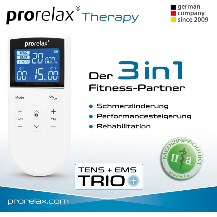 Prorelax Trio+ - електростимулятор для терапії та фітнесу (TENS, EMS) | 50 програм, 16 рівнів інтенсивності