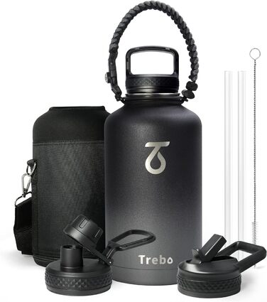 Термос-пляшка 2л з трубочкою Trebo, нержавіюча сталь з паракордом, 3 кришки, пляшка для спорту, зберігає холод до 48 годин, (1893 мл, темно-сірий)