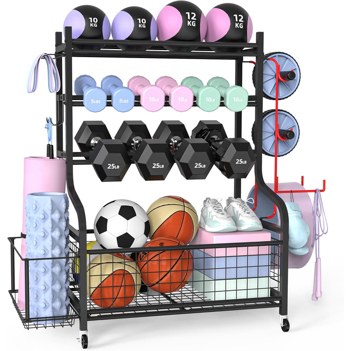 Стійка для гантелей та йога-матів ZACHVO – 160 кг, з 4 роликами та 8 гачками