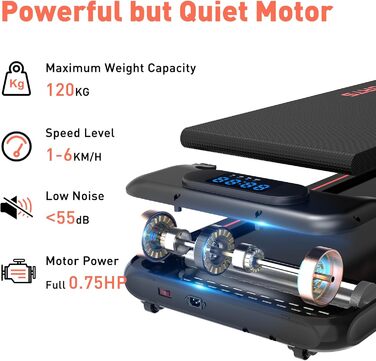 Бігова доріжка CITYSPORTS Heimlaufbahn WP8 з пультом, додатком, LED-дисплеєм, 1-6 км/год, чорно-червона