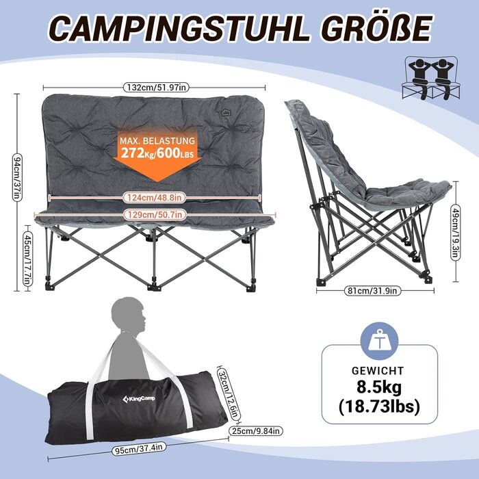 Скляний крісло-шезлонг KingCamp для кемпінгу та відпочинку на двоє, сірий