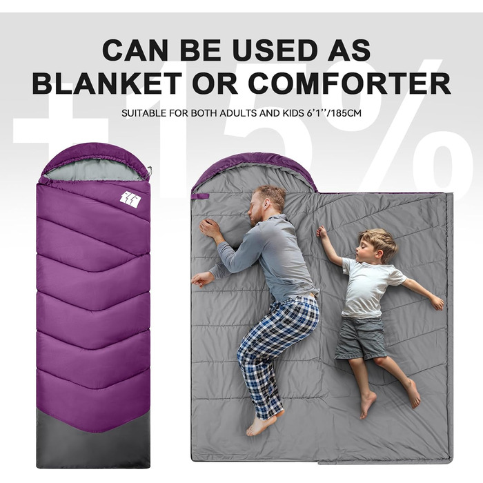 Спальний мішок для дорослих у холодну погоду, водонепроникний, легкий, для великих людей, з компресійним мішком, для кемпінгу, походів, відпочинку на природі та в приміщенні (1,8 кг, фіолетовий)