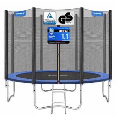 Батут SONGMICS Outdoor Ø 183/244/305/366/427 см, круглий, для саду, з захисним покриттям, сіткою, сходами та м'якими стійками. Кольори: блакитний