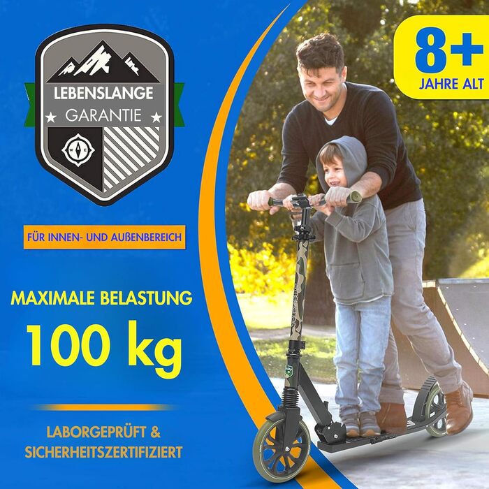 Міський ролер SereneLife з великим колесом, регульована висота, складаний, з ручкою для перенесення, підставка та гальма, для дітей та дорослих до 100 кг (Камуфляж)