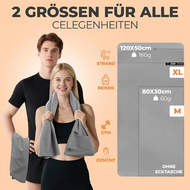 Рушник для фітнесу Zepphi: 120x50 см + 80x30 см | Мікрофібра, кишеня на блискавці | Швидковисихаючий, для спортзалу та тренувань
