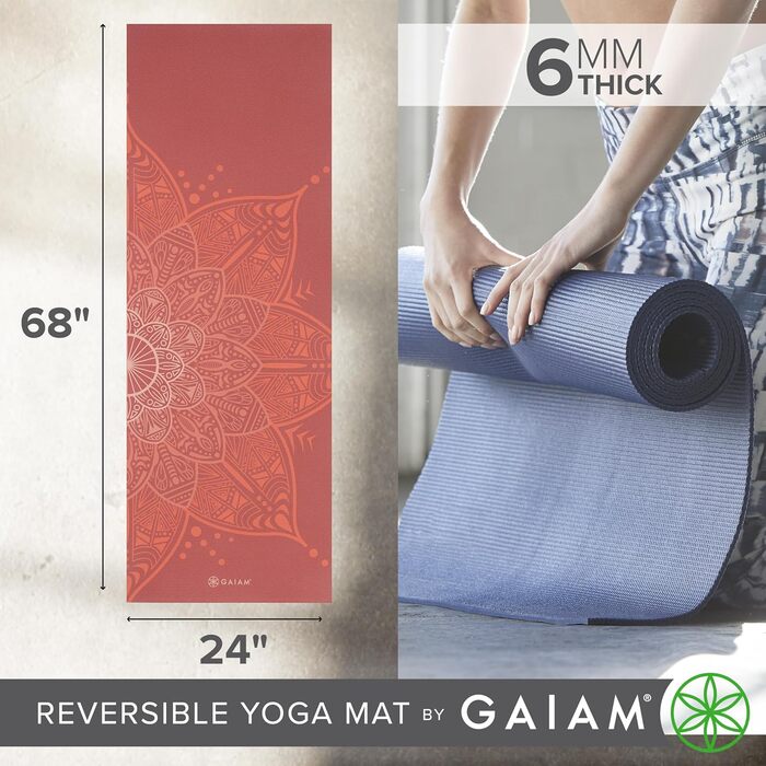 Килимок для йоги Gaiam Premium 6 мм з двостороннім малюнком, двошаровий, нековзний, для йоги, пілатесу та вправ на підлозі (172,7 x 61 x 6 мм), з малюнком квіти