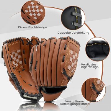 Рукавиця для бейсболу та софтболу з м'ячем, тренувальна змагальна, потовщена, дитяча та доросла, коричнева 11.5 дюймів