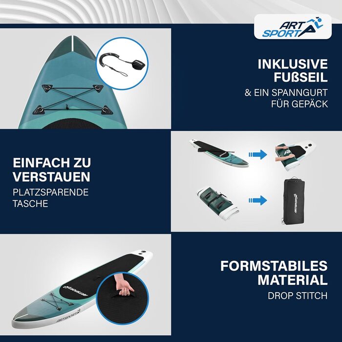 Набір для SUP-бордингу ArtSport Stand Up Paddle Board надувний 320 см, до 150 кг: з поводком, насосом, веслом, сумкою та аксесуарами - блакитно-смугастий
