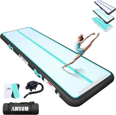 AWSUM Надувний гімнастичний мат, 2/3/4/5/6м, 10/20см, для йоги, фітнесу, дому, на вулицю, з насосом, Mint Green/Black