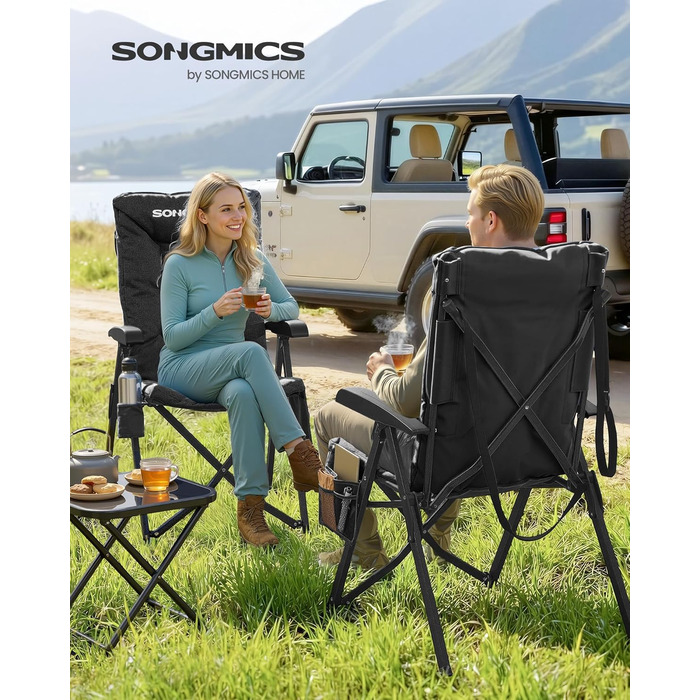 Складний туристичний стілець SONGMICS для відпочинку та риболовлі, чорний, з регульованою спинкою 95°-150°, з підстаканником та кишенею