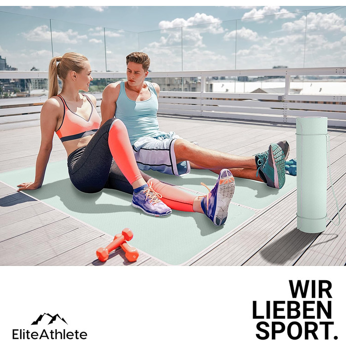 Килимок для йоги та фітнесу EliteAthlete, 183x61x0,6 см, м'який, нековзкий, з ременем і чохлом, м'ятний