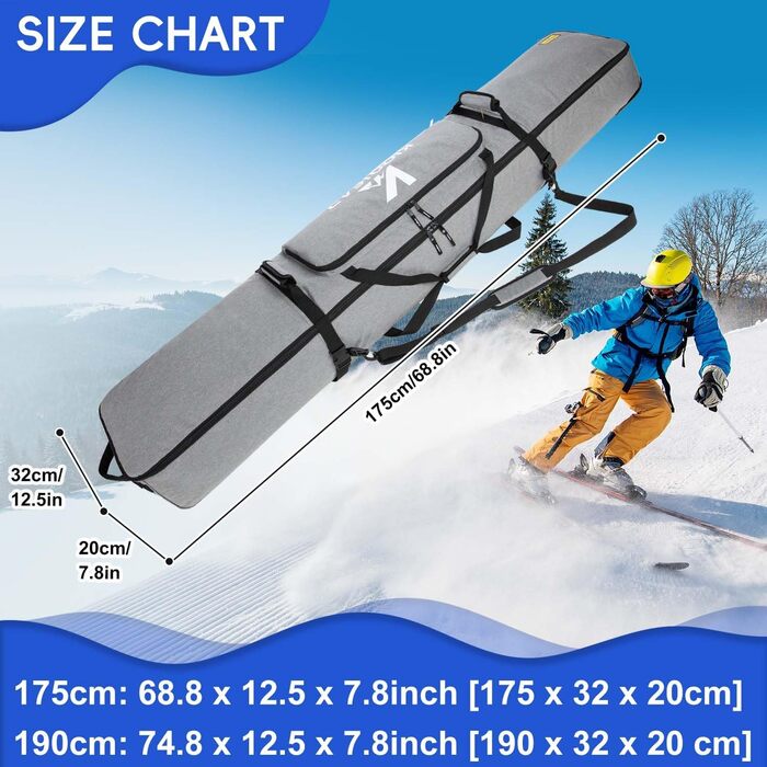 Скі-сумка на колесах для подорожей, м'яка подвійна скі-сумка для 2 пар лиж до 175 або 190 см, сіра (175 см)