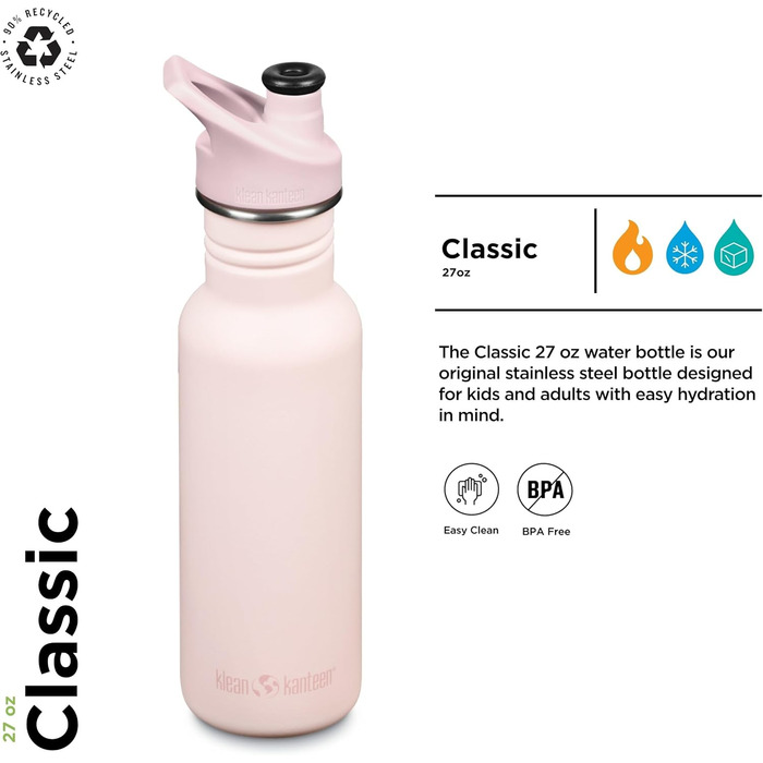 Бутилка Klean Kanteen Classic Narrow 800 мл з нержавіючої сталі з спортивною кришкою, рожевий