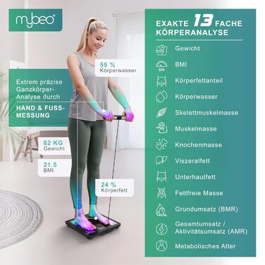 Вага Mybeo з датчиками для тіла: аналіз складу тіла, Bluetooth, цифрова вага, персональна вага, багатофункціональна вага, точні вимірювання, аналіз жиру