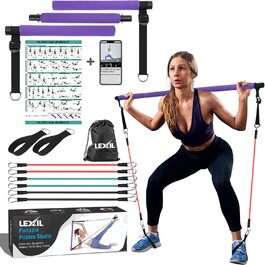 Портативний Pilates-бар LEXIL з 3 парами еспандерів (15, 20, 13,6 кг), фітнес-набір для дому, для чоловіків і жінок, для зміцнення тіла, з відеоуроком, фіолетовий