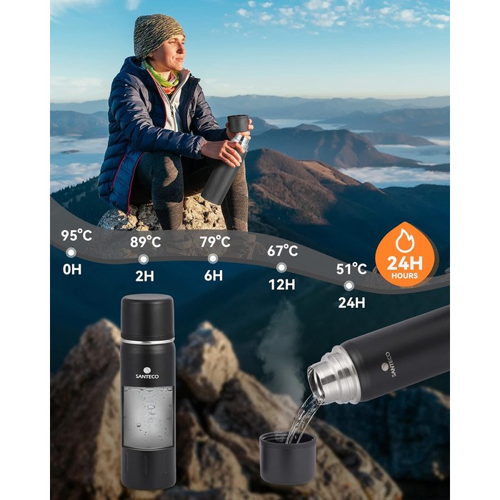 Термос SANTECO Thermoskanne 500 мл / 1 л, нержавіюча сталь, з чашкою, для дітей, спорту, кави, чаю. Ізотермічний, BPA-Free, 24 год холод/12 год гаряче, чорний