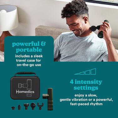Homedics MYTI Міні масажний пістолет з функцією нагріву – електричний ручний масажер у компактному форматі з 5 насадками та 4 режимами інтенсивності вібрації – масажер для розслаблення м'язів, зелений