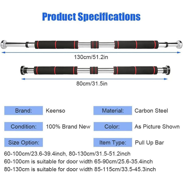Турнік для дверей Klimmzugstange | Регульована висота 80-130 см | Макс. вантажопідйомність 150 кг | Чорний та червоний | Для силових тренувань