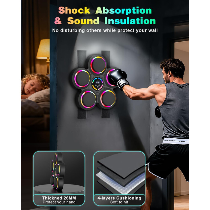 Музична бокс-машина з LED-підсвіткою та Bluetooth, 9 режимів швидкості та лічильник ударів, для дорослих та дітей, 5 ударних подушок